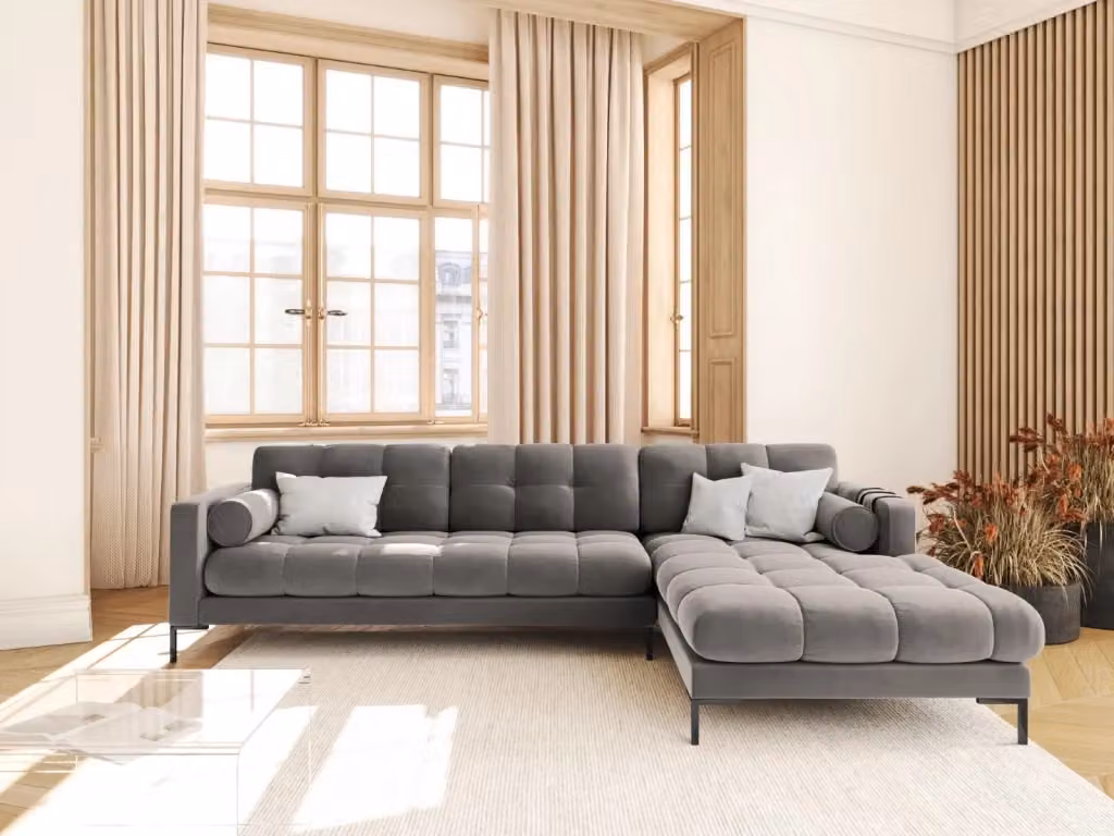 Divano angolare destro Bali di Cosmopolitan Design in velluto grigio chiaro, 5 posti, L 293 cm x P 185 cm x H 75 cm – 2