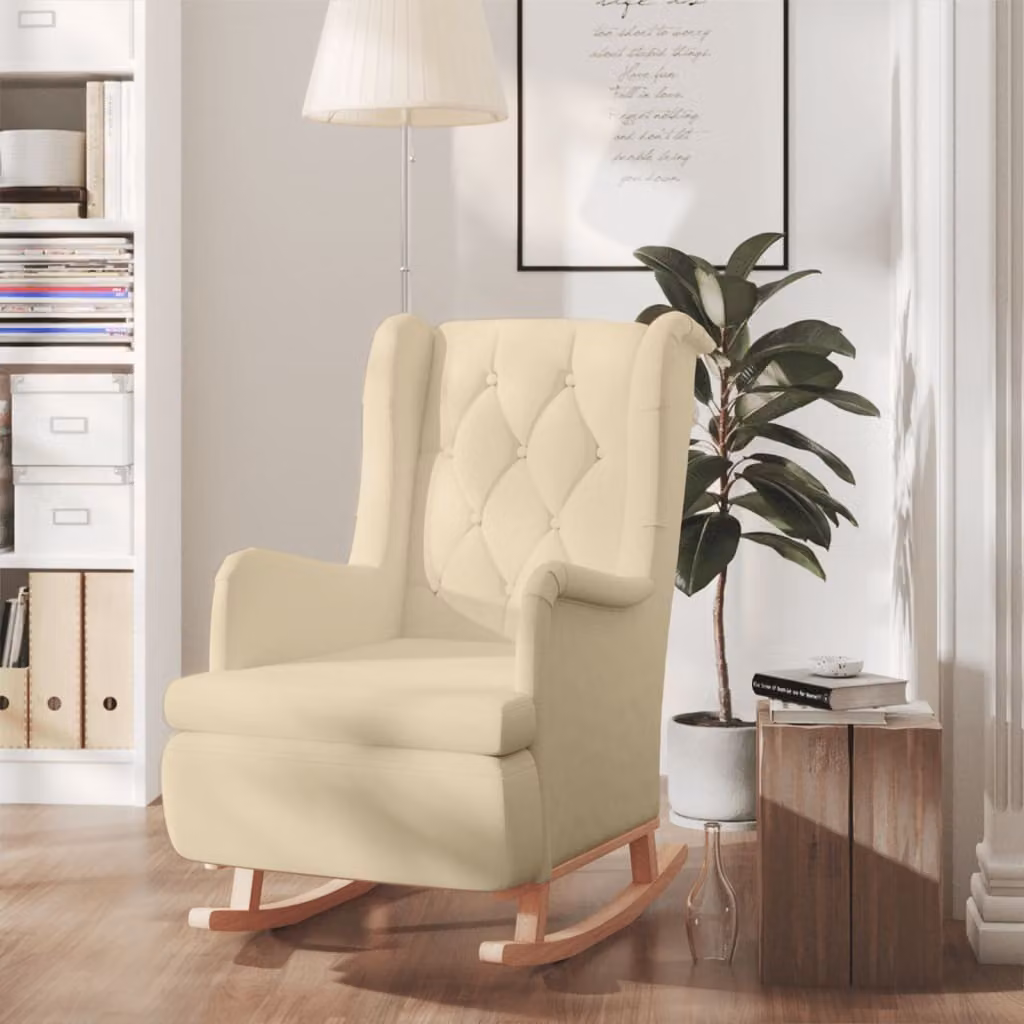 The Living Store Poltrona a dondolo con gambe in legno di gomma tessuto crema