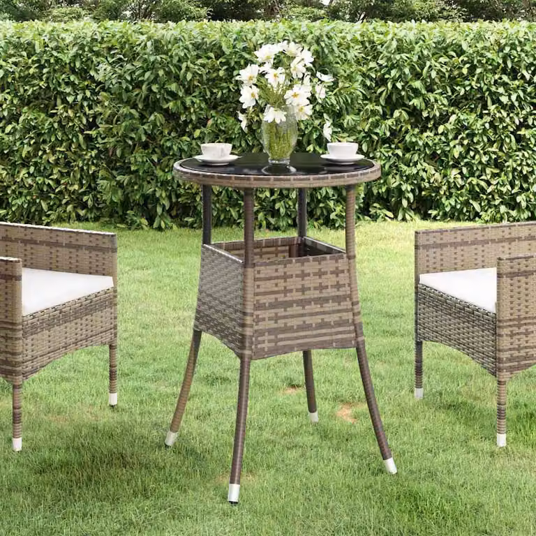 vidaXL Tavolo da giardino rotondo in polyrattan e vetro temperato grigio, Ø 60 x H 75 cm
