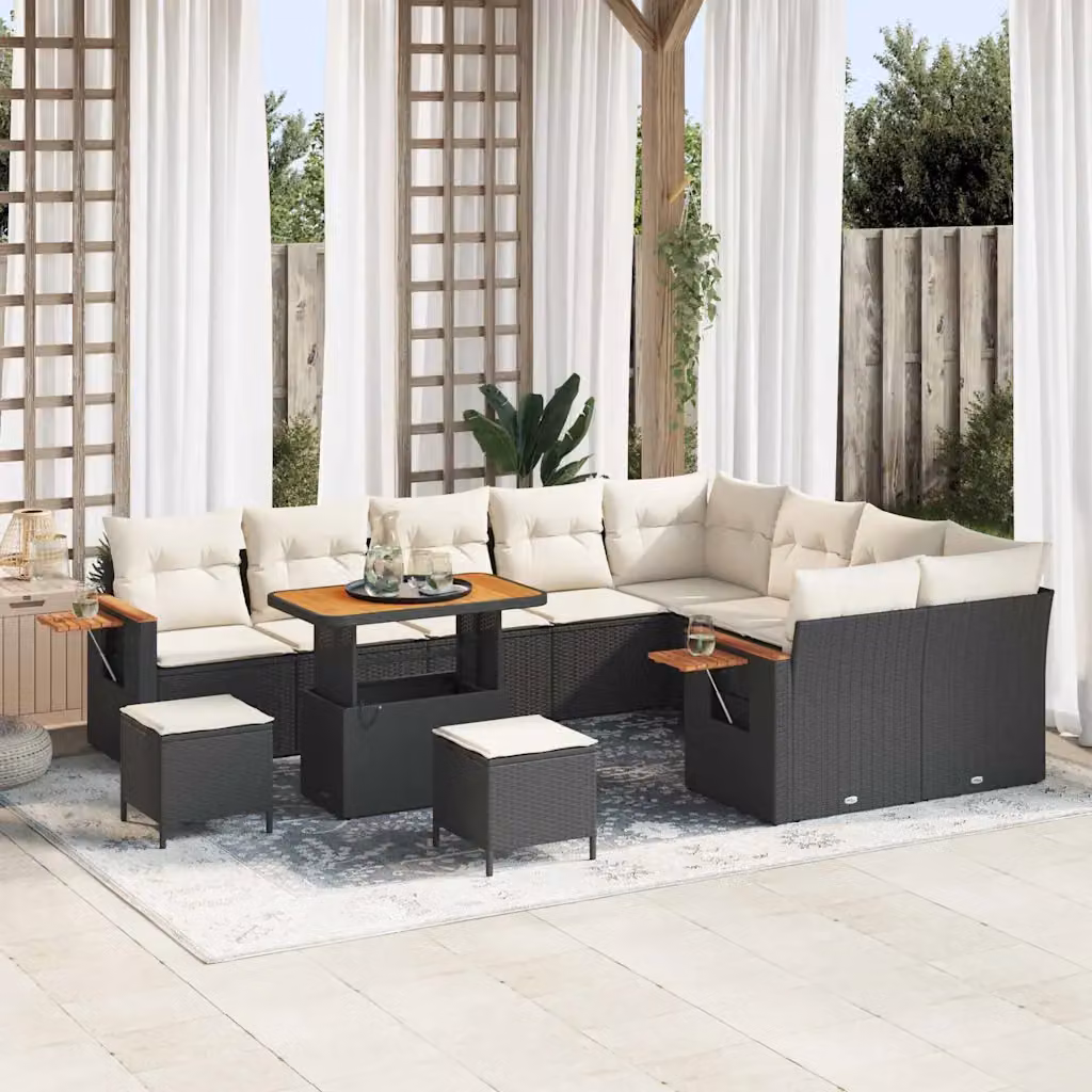 Set Divano da Giardino vidaXL 13 Pezzi per 9 Persone con Cuscini, Nero e Beige – 1