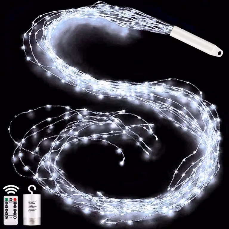 Catena luminosa a LED, 2 metri, 200 LED, luce bianca fredda, alimentazione a batteria, con telecomando