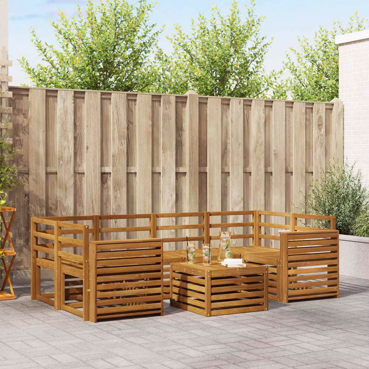 Set di divani da esterno vidaXL 7 pz in legno di acacia massello marrone con cuscini inclusi per giardino e terrazza