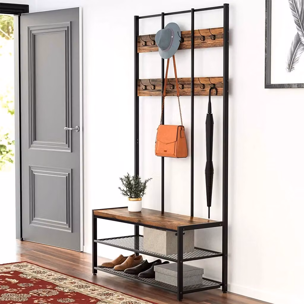 Appendiabiti Valora HSR86BX con panca, organizzatore per corridoio in metallo e MDF, marrone e nero rustico, H 186 x L 100 x P 40 cm – 2
