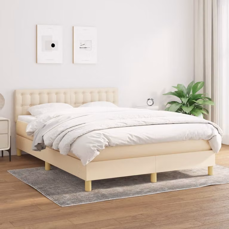 vidaXL Giroletto a Molle con Materasso Ibrido in Tessuto Beige e Bianco L/P: 140 x 200 cm