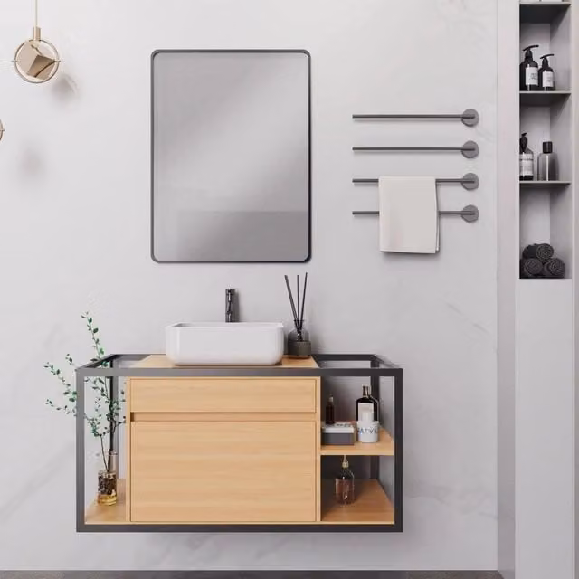 Mobile Bagno Sospeso 100 cm Lavabo e Specchio Berlin Rovere e Nero