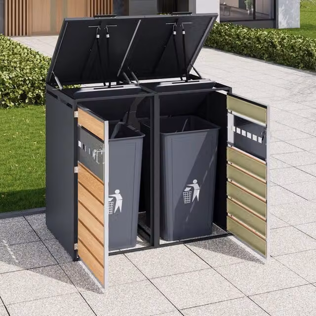 Copribidoni con due scomparti coperchio idraulico e porte ventilate in acciaio zincato grigio e legno 132 × 80 × 118,5 cm
