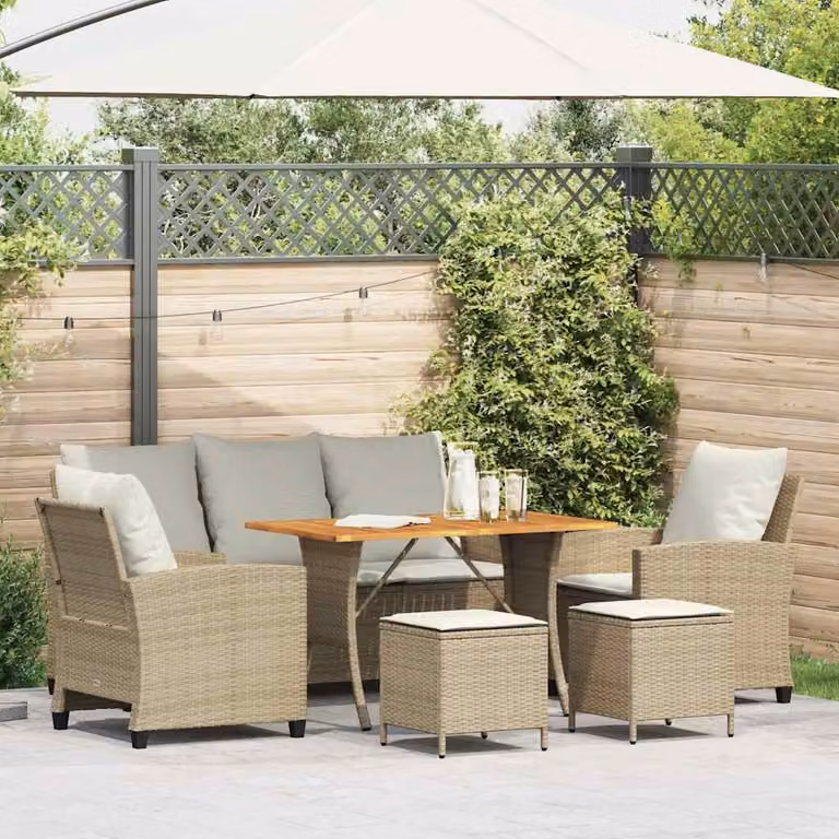 Set Divano da Giardino vidaXL 6 Pezzi in Polyrattan Beige con Cuscini e Tavolino