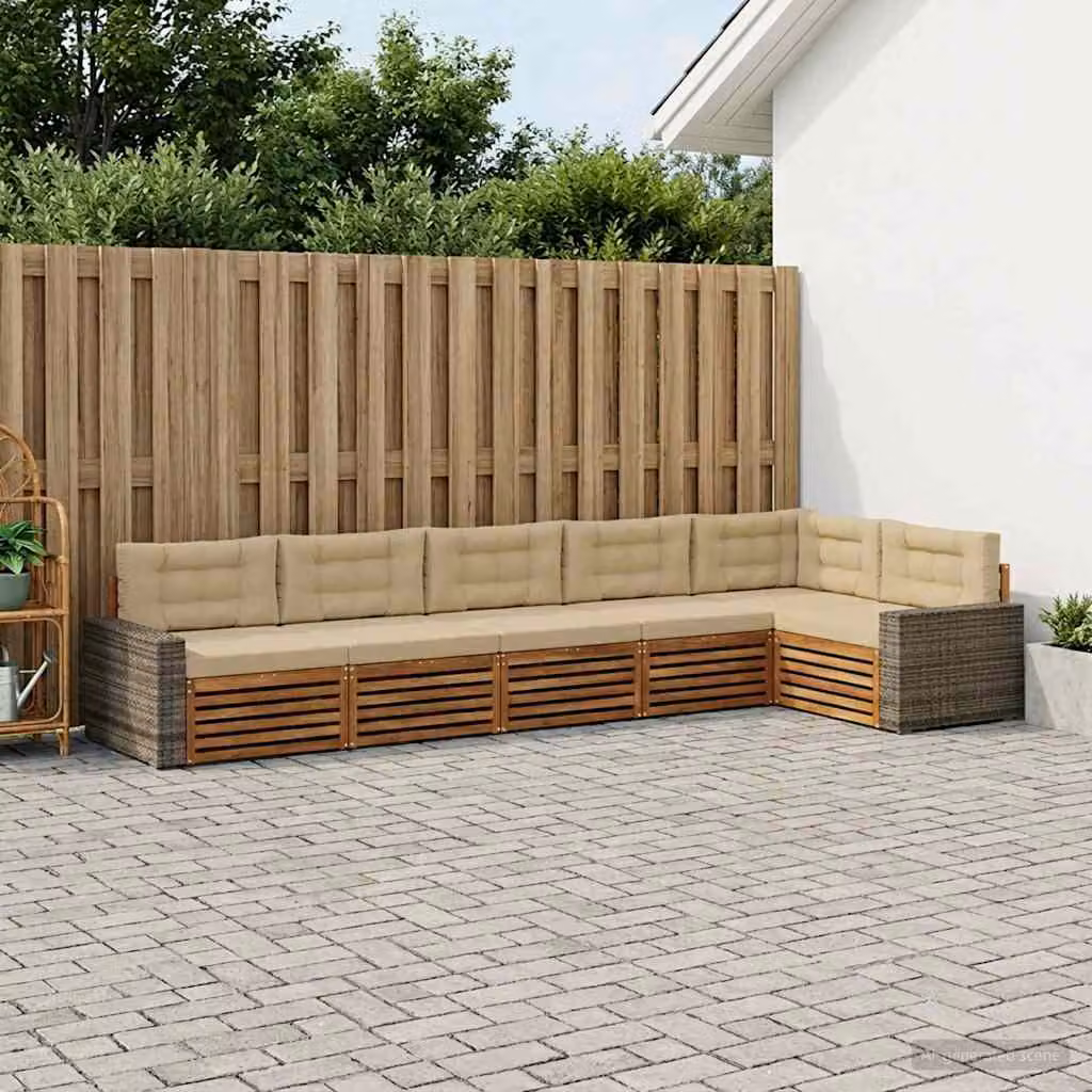 Set di divani da esterno vidaXL 6 pz a forma di L in legno di acacia e poliestere beige e sabbia con cuscini inclusi