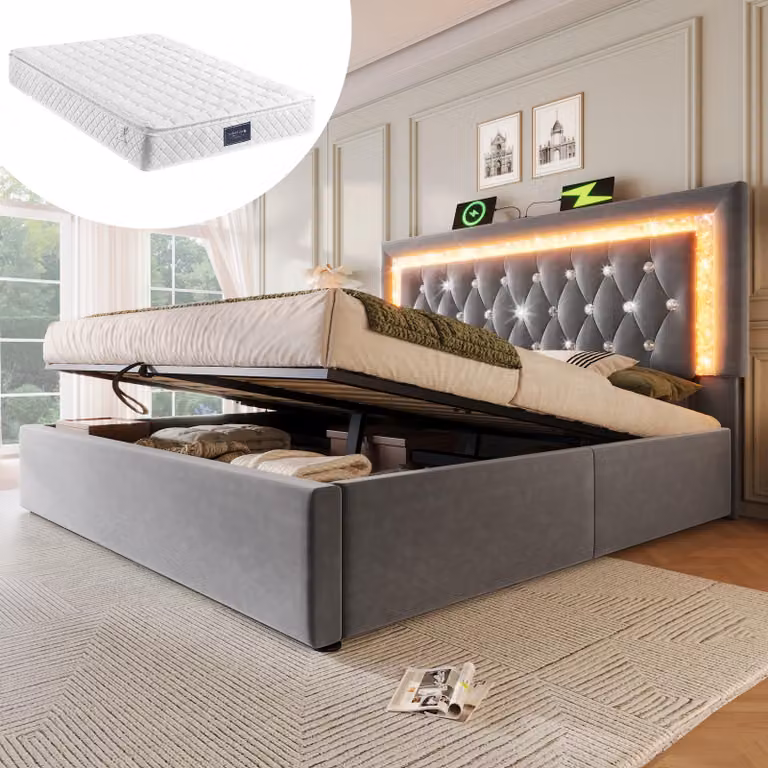 Letto imbottito MODFU 160x200 matrimoniale con strisce LED integrate e pulsanti a diamante, letto per ragazzi con stazione di ricarica USB e Type-C, rete con materasso a doghe e contenitore, grigio