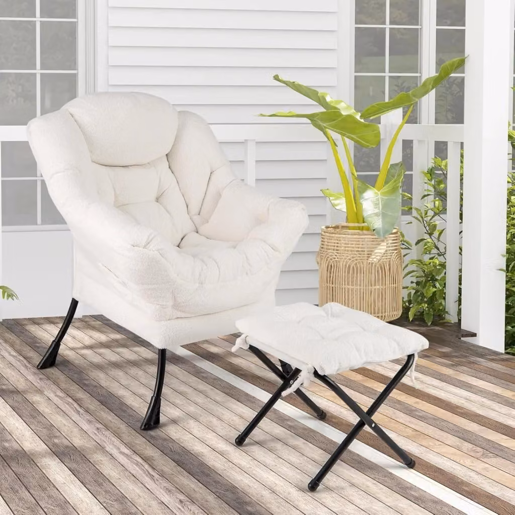 Poltrona Relax Costway con Poggiapiedi in Tessuto Bouclé e Struttura in Metallo, Poltrona da Lettura Moderna con Braccioli e Cuscino per Testa, Cashmere Beige – 2