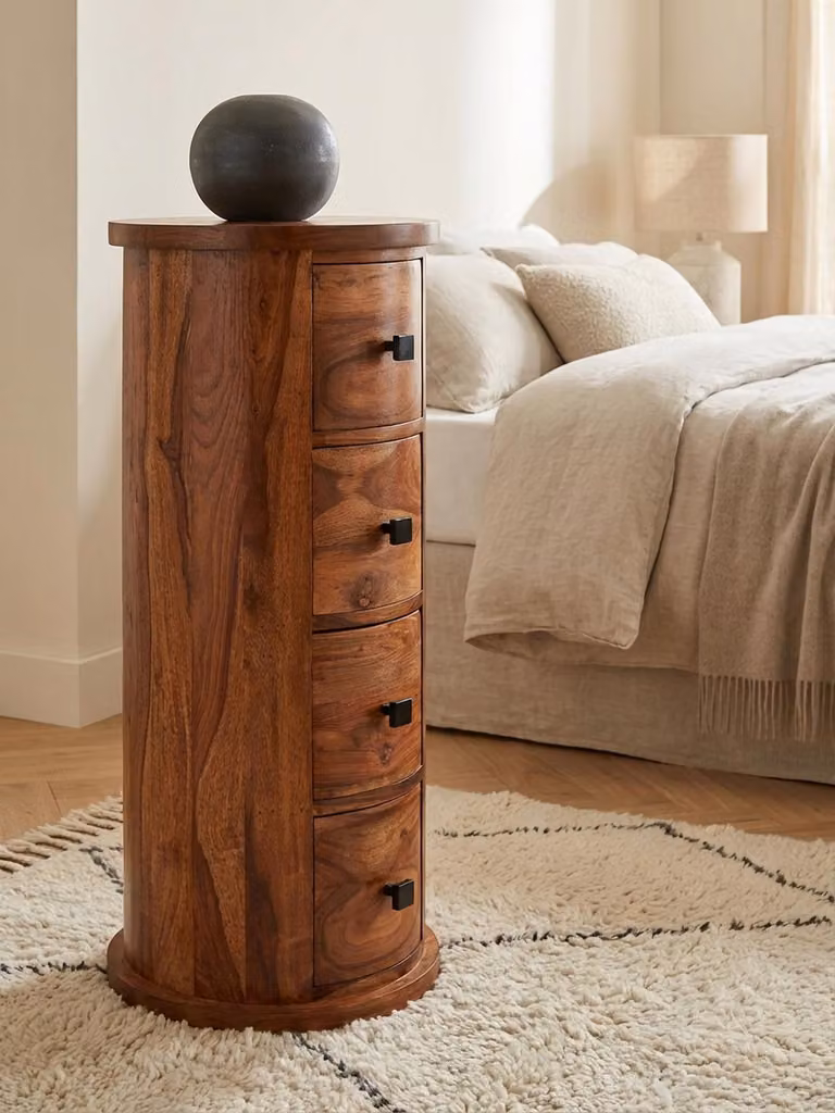 Credenza di design in legno massello di sheesham 35x85x35 cm, armadietto con 4 cassetti, mobile ausiliario stretto in legno massello, mini cassettiera rotonda