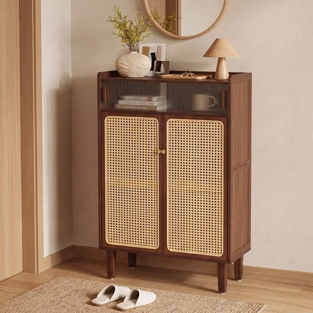 Scarpiera in bambù con ante scorrevoli in rattan e 5 ripiani, mobiletto porta scarpe marrone per camera da letto, soggiorno o ingresso, L: 67 cm, P: 33 cm, H: 107 cm – 2