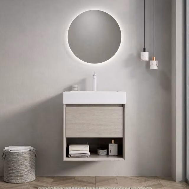 Lavabo da bagno a parete 55 cm con lavabo integrato rettangolare in resina bianca, mobile in compensato finitura rovere chiaro, 1 cassetto e 1 ripiano aperto, preassemblato