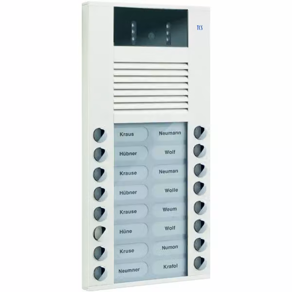 Postazione esterna video con telecamera a 130 gradi, serie AVE, con 16 pulsanti di campanello (allineati a destra/sinistra), AP bianco TCS AVE14163-0018