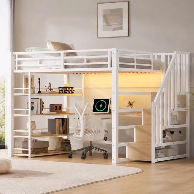 Letto a soppalco matrimoniale 200 × 140 cm con scrivania, ripiani, LED e presa USB, senza materasso, bianco