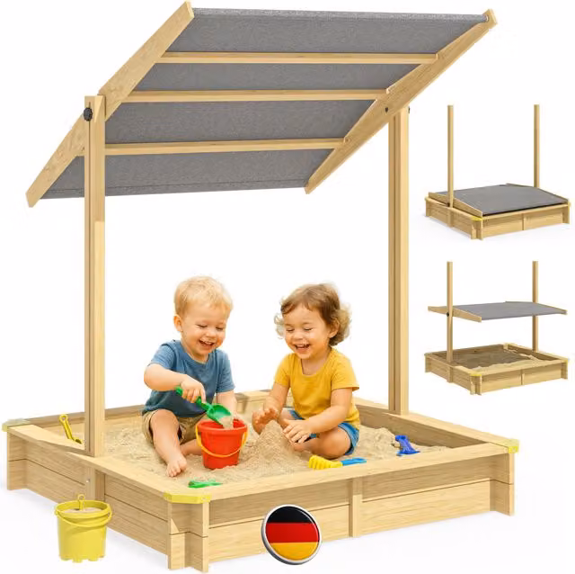Sabbiera per bambini Samu Spielwerk in legno marrone con tetto regolabile L/P/H: 120 x 120 x 120 cm – 1
