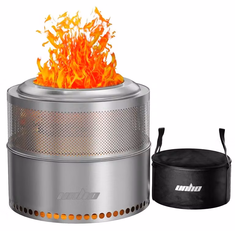 Focolare da esterno senza fumo - Camino per esterni - A legna - Portatile - Acciaio inossidabile 304 - Perforato - 48 cm - Argento