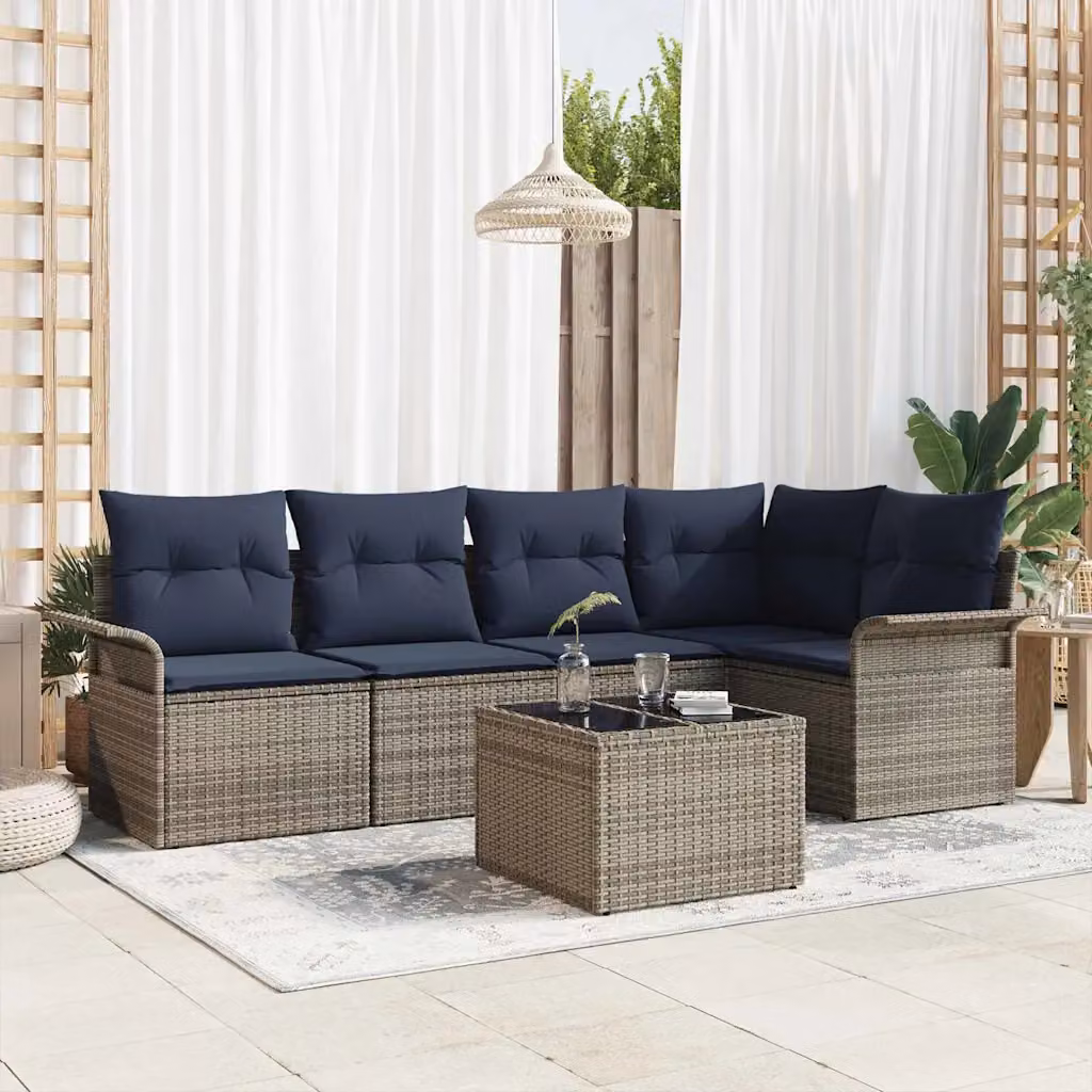 Set Divano da Giardino vidaXL 6 pz Grigio con Poltrona, Divano a 3 posti, Elementi Angolari e Tavolino da Esterno in Polyrattan e Acciaio con Cuscini Inclusi