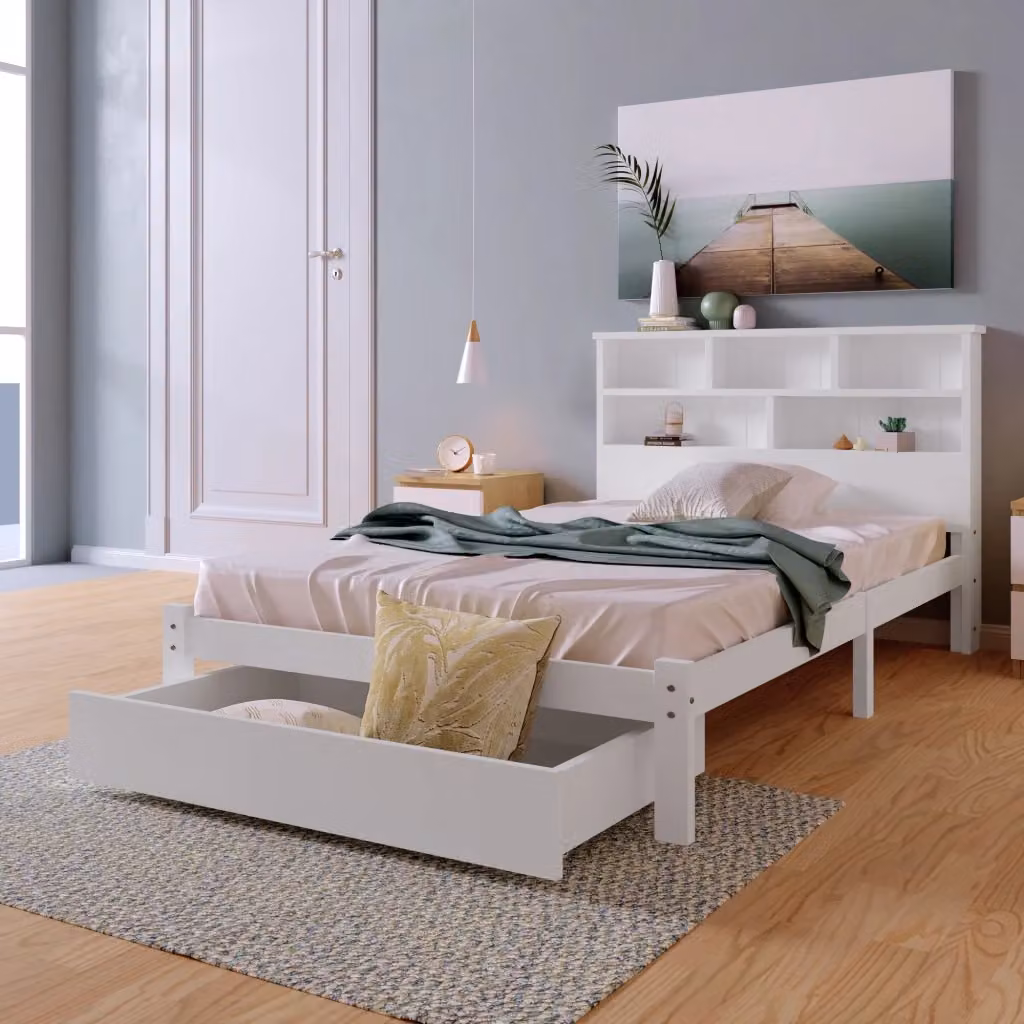 Letto singolo OKWISH in legno di pino e MDF bianco con libreria e cassetto estraibile, L/P/H: 219 x 90 x 120 cm – 2