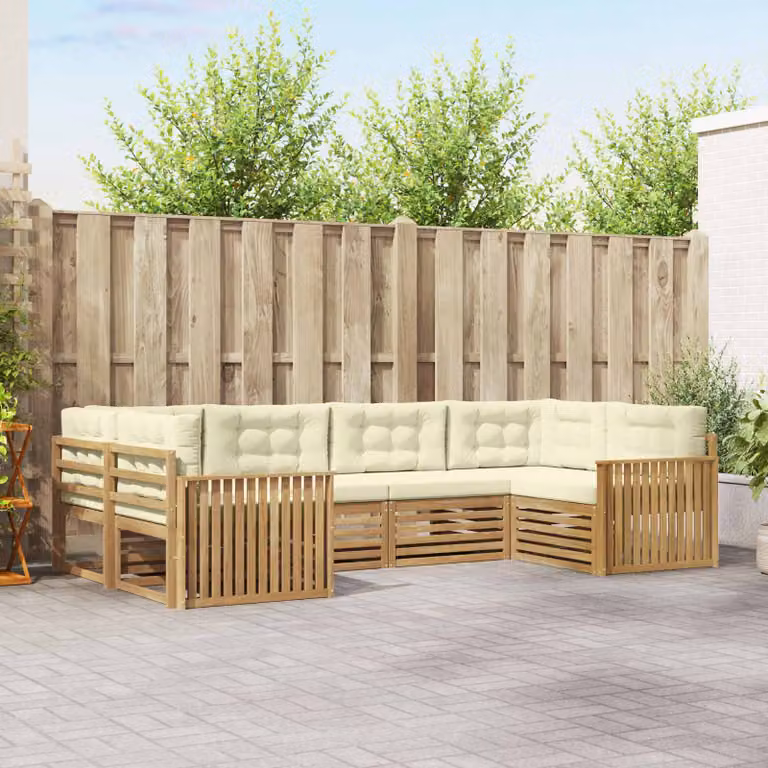 Set di divani da esterno vidaXL a forma di L composto da 6 pezzi in legno di acacia con cuscini bianchi e beige
