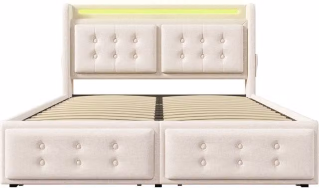 Letto imbottito 140x200 cm con testiera in pelle, 4 cassetti contenitori, rete a doghe in legno e struttura metallica, colore beige, portata 300 kg