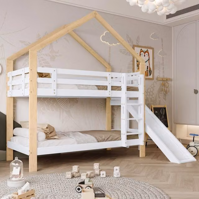 Letto a castello a casetta con scivolo e scala angolare a 3 gradini 90x200 cm in legno massello bianco e naturale