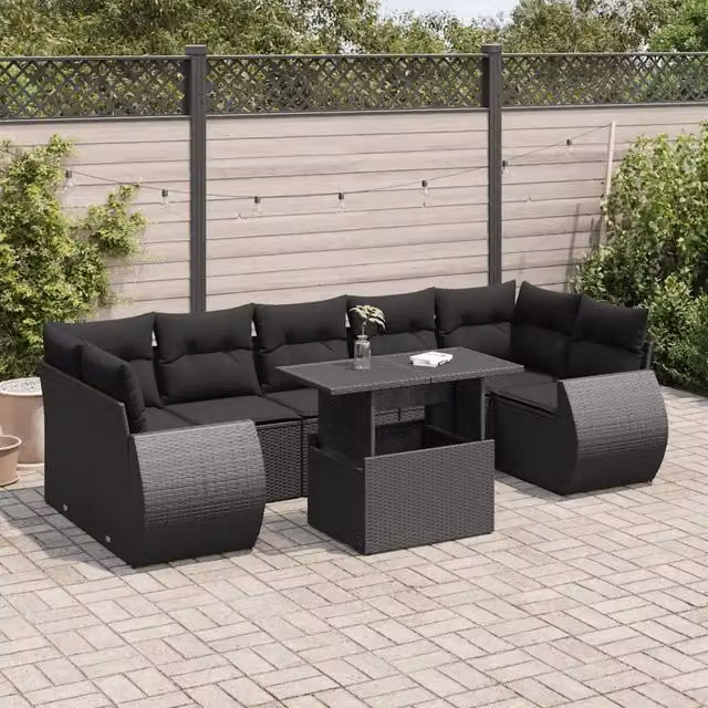 Set Divani da Giardino con Cuscini 8 pz Nero in Polyrattan 3326596