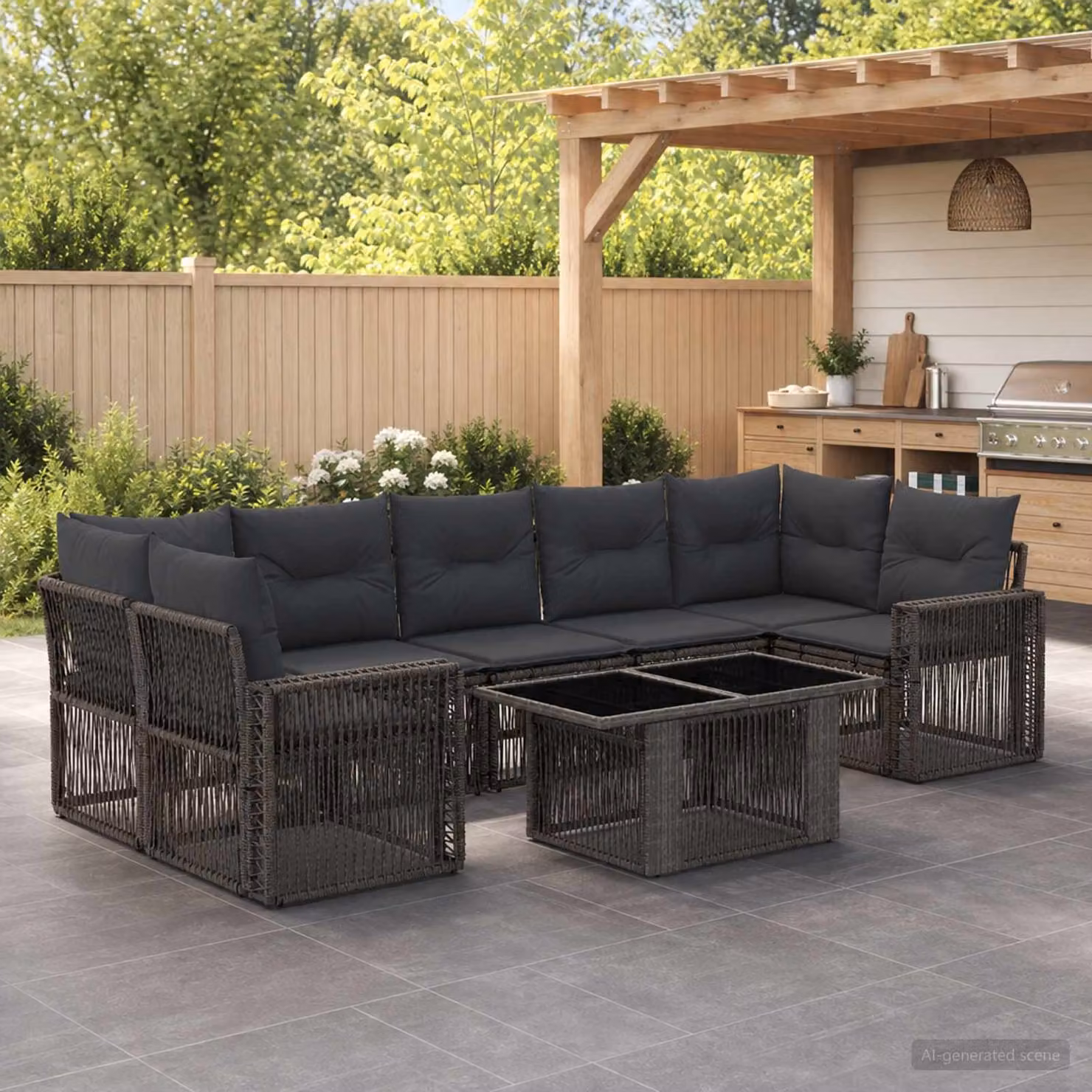 Set Divano da Giardino vidaXL 8 Pezzi a Forma di U in Polyrattan Grigio e Antracite con Cuscini e Tavolino