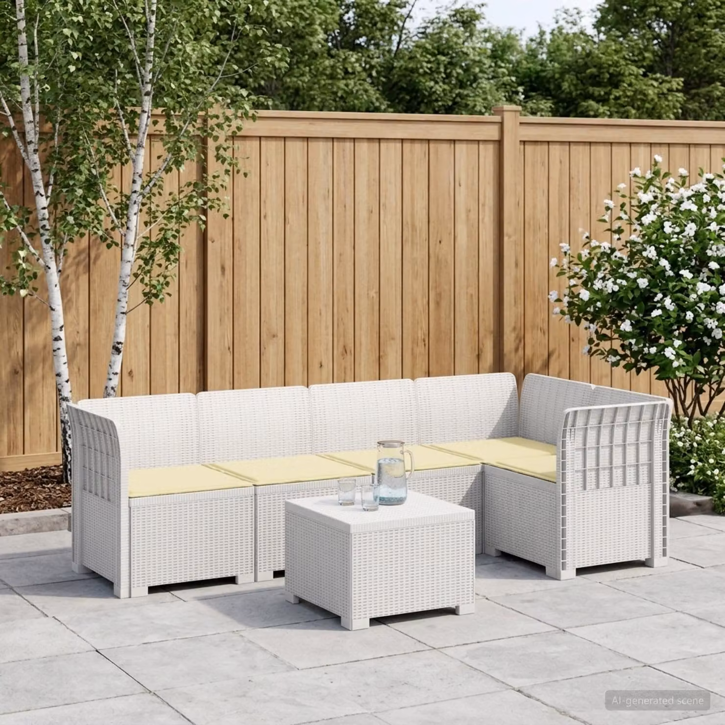 Set da giardino vidaXL a forma di L con divano da 2 posti, elemento angolare, tavolino da caffè e cuscini in stile rattan bianco