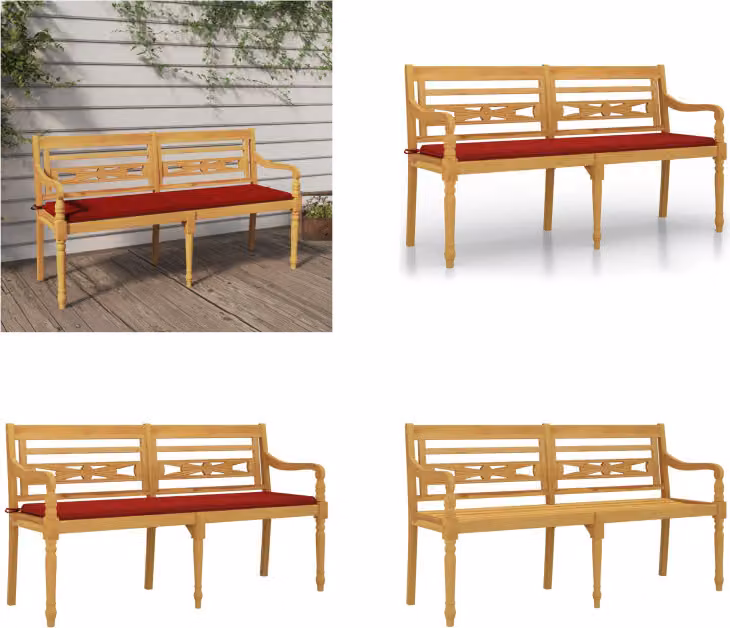 vidaXL Panca Batavia con cuscino rosso 150 cm in teak massiccio - Panca - Panche - Panca da giardino - Panca da salotto