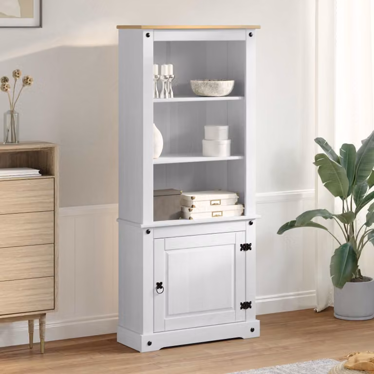 Credenza vidaXL in pino massello bianco con ante a battente e ripiani interni, L/P/H: 74 x 38 x 170 cm