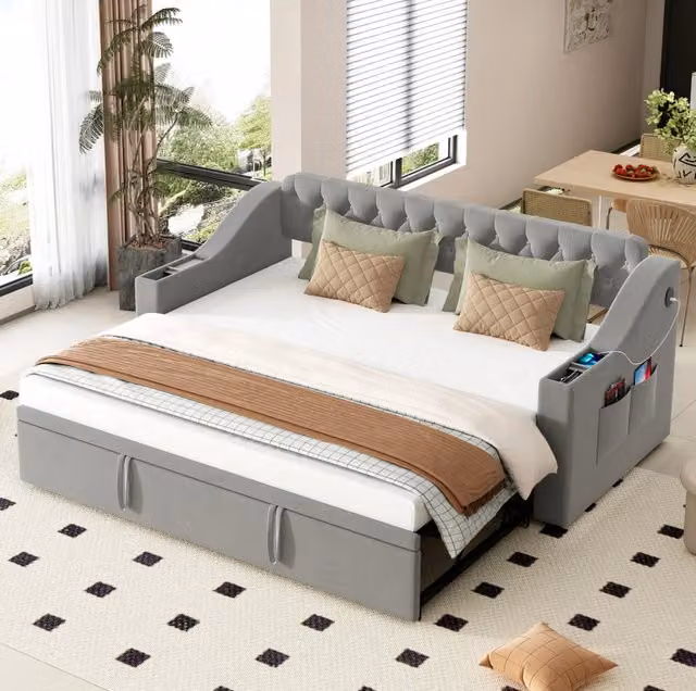 Divano letto 90x190 cm grigio in velluto con porta USB e vani portaoggetti