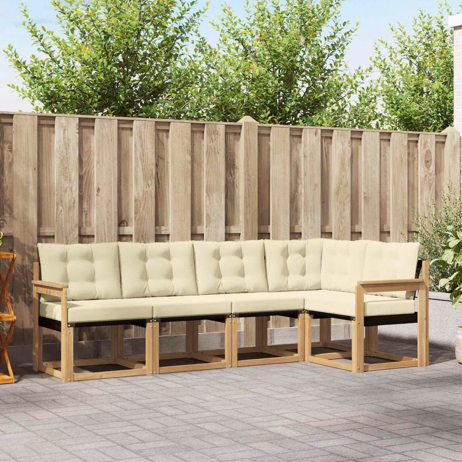 Set di divani da esterno vidaXL a forma di L in legno di acacia con cuscini, Bianco, Beige e Marrone