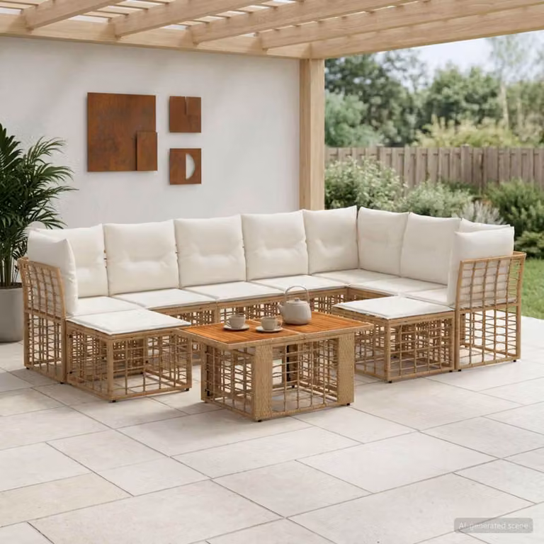 Set Divano da Giardino vidaXL 10 Pezzi in Polyrattan con Cuscini e Tavolino, Colore Naturale e Bianco Crema