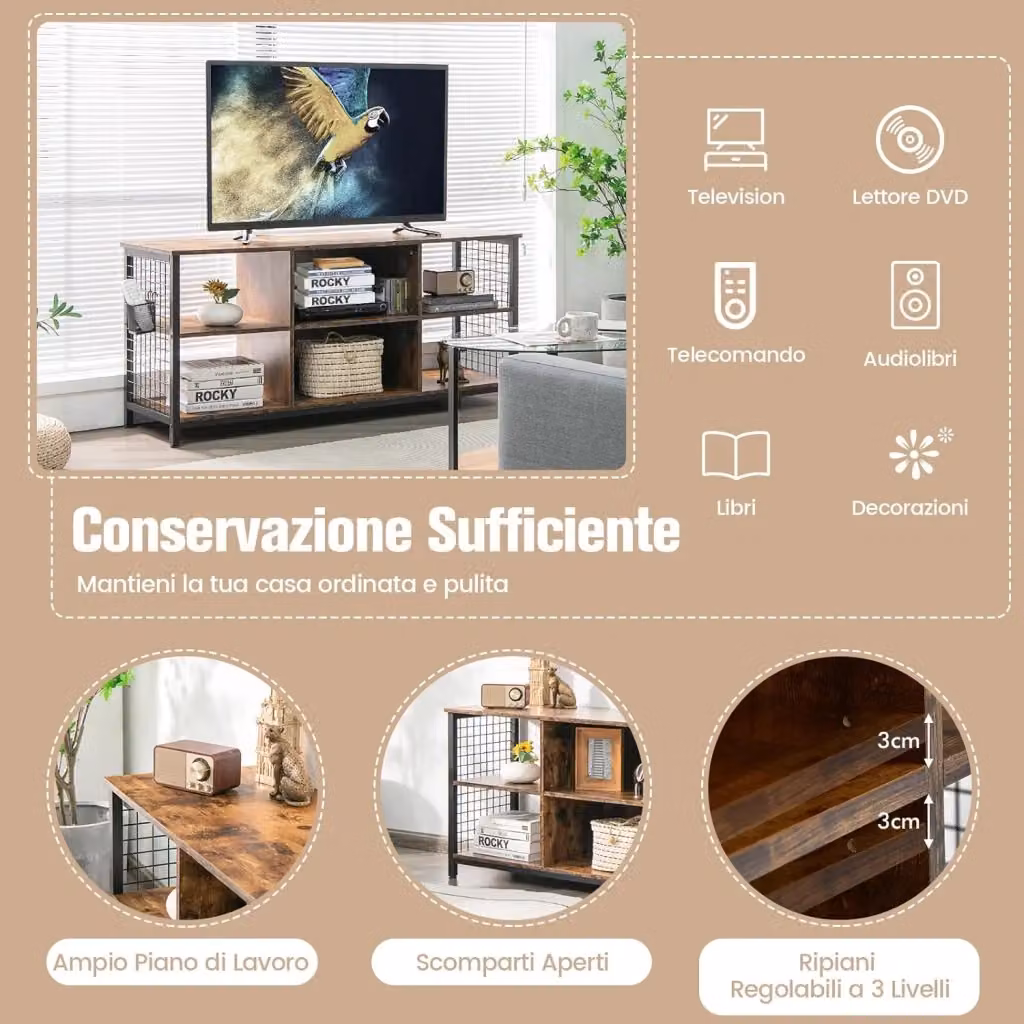 Mobile TV Industriale COSTWAY in Legno Marrone con 3 Ripiani e Cesto Portaoggetti per Schermi fino a 65 pollici, L 140 x P 40 x H 63 cm – 2