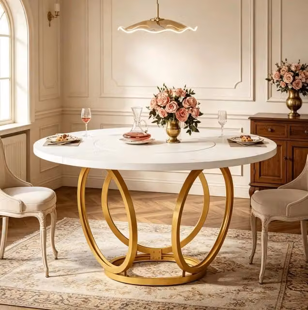 Tavolo da Pranzo Rotondo 120x120 cm con Base Geometrica in Acciaio e Piano MDF Bianco Oro