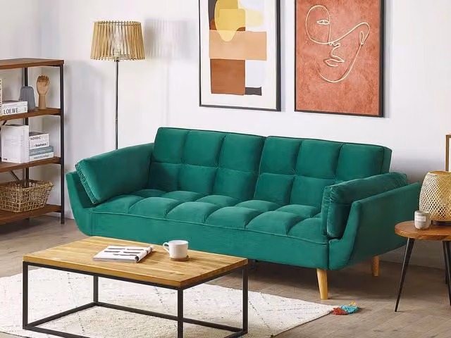 Divano Letto Beliani a 3 Posti in Velluto Verde con Gambe in Legno e Sistema Click Clack – 1