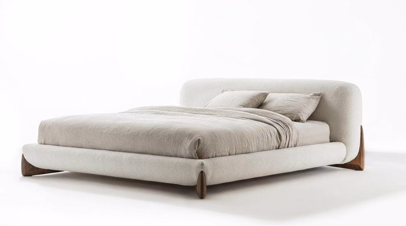 Letto matrimoniale imbottito, bianco e beige, design moderno, elegante e raffinato