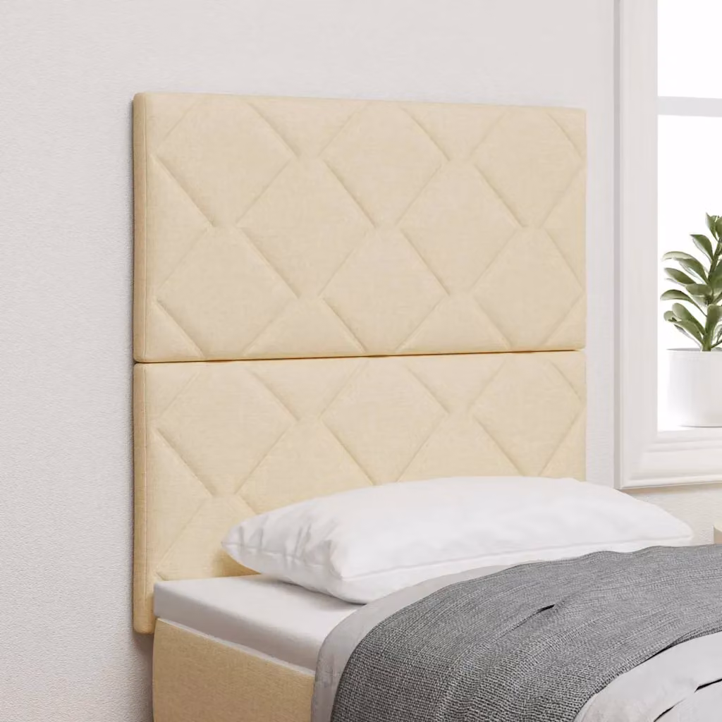 Testiera per letto moderna vidaXL in tessuto beige con pannello imbottito e struttura in legno di pino, L: 128 cm, H: 70 cm, P: 9 cm