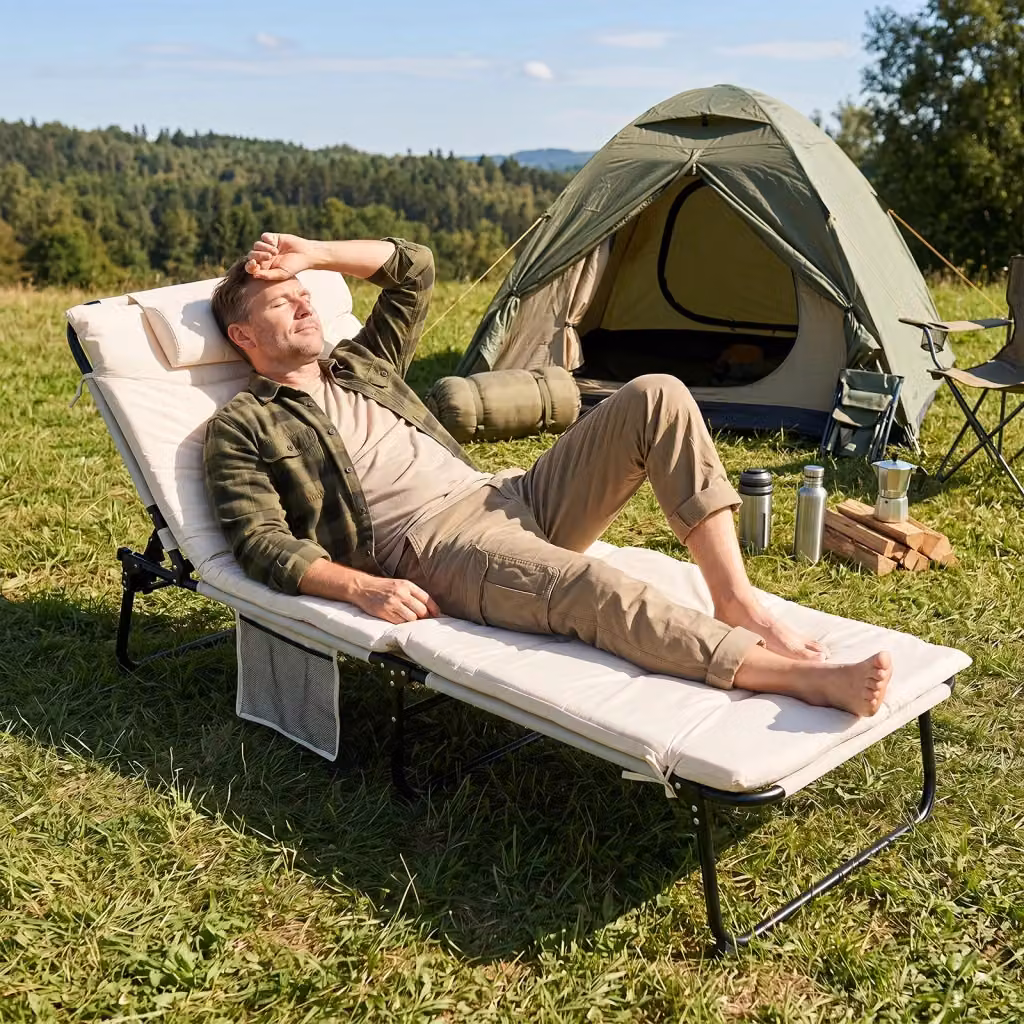 Lettino prendisole pieghevole beige con schienale regolabile, poggiatesta e tasca laterale, portata 120 kg – 2