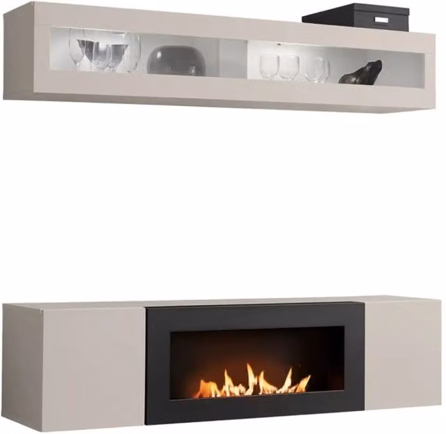 Composizione murale FLY cashmere con vetrina orizzontale e mobile TV con camino a bioetanolo