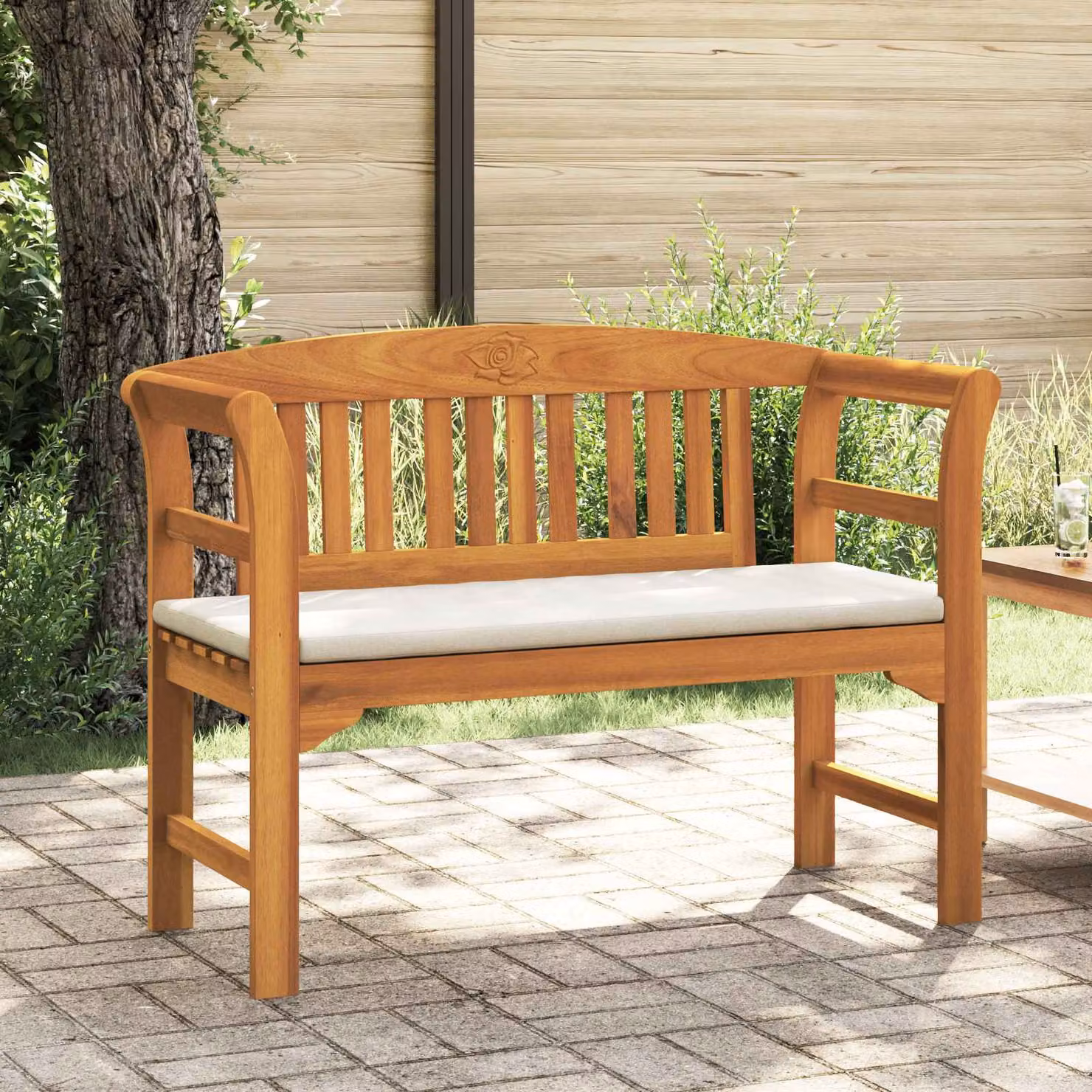Panchina da giardino vidaXL in legno di acacia oliato con cuscini, L: 114 cm, P: 46 cm, H: 82,5 cm – 1