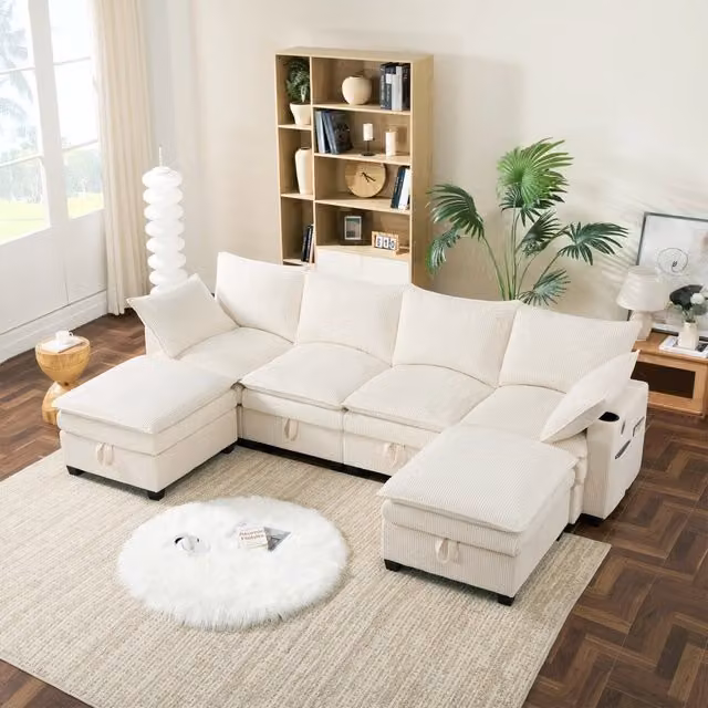 Divano modulare con pouf rimovibili; porte USB; corduroy; beige