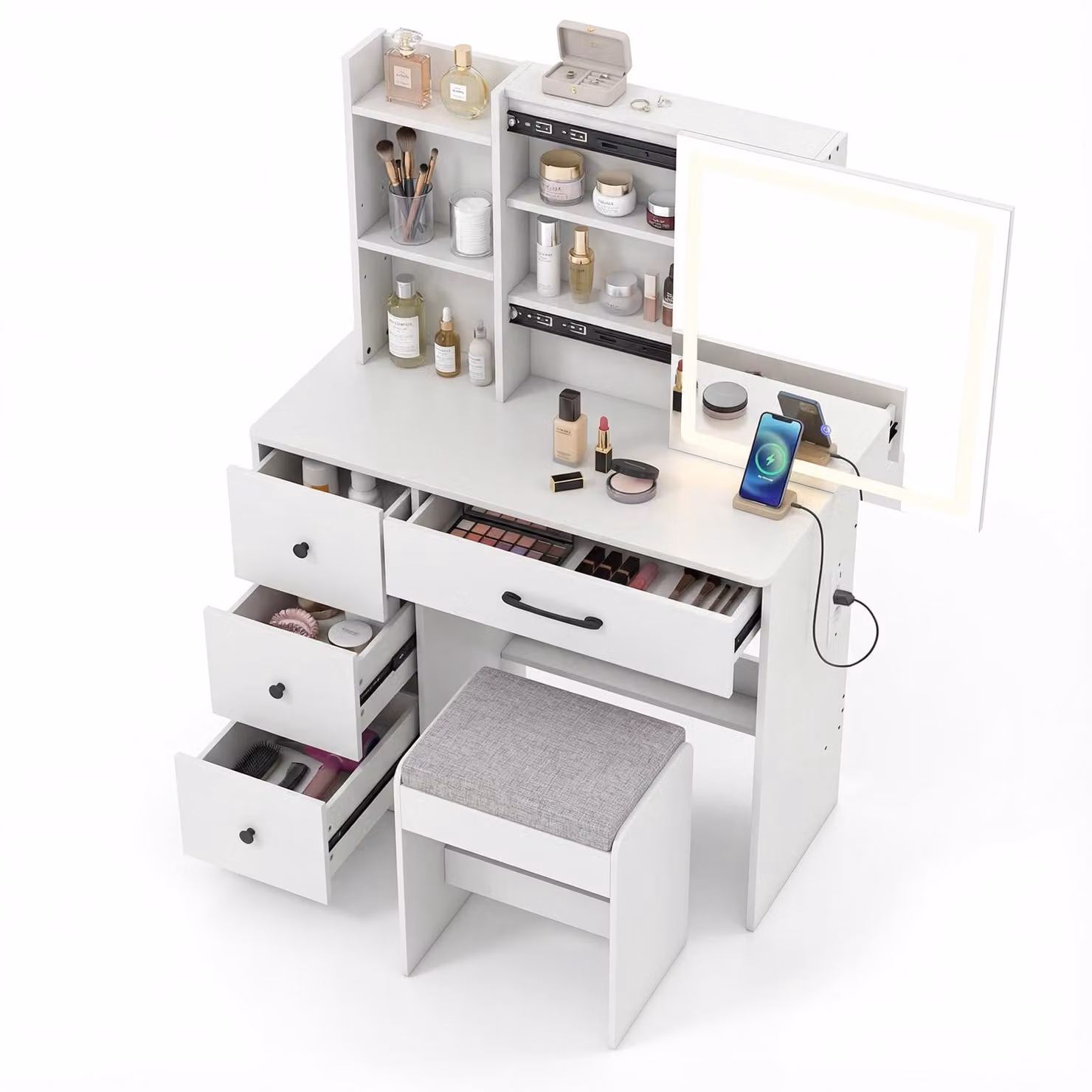 Tavolo da trucco COSTWAY con specchio scorrevole a LED e sgabello per il trucco, set di tavoli cosmetici con cassetti, prese e 2 ripiani regolabili