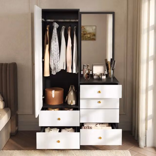 Toeletta trucco con specchio intero e armadio guardaroba; mobile trucco con sgabello a scomparsa in MDF; 90x50.5x160 cm; bianco e nero