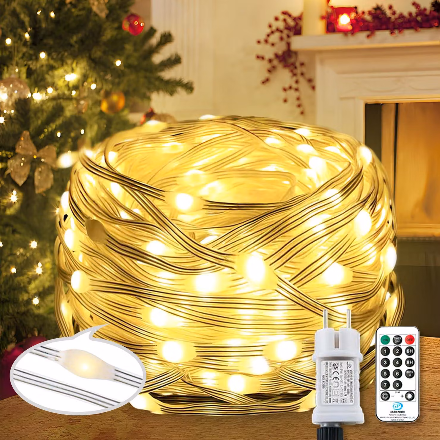 Catena luminosa con 220 LED, 25 metri, luce bianco caldo, 8 modalità, telecomando, timer, grado di protezione IP67