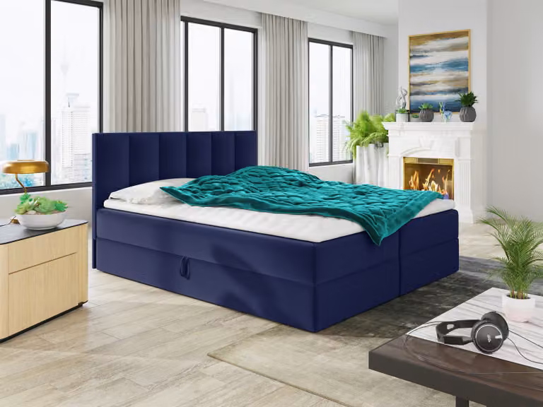 Letto boxspring Star con topper, materasso Bonell e 2 cassetti, letto matrimoniale, letto imbottito, letto (blu scuro (Kronos 09), 180 x 200 cm)