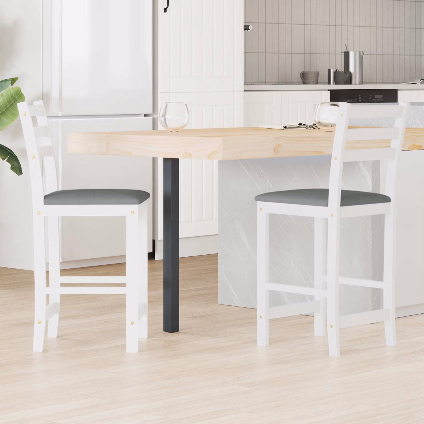 Set di 2 sedie da pranzo moderne vidaXL in legno di gomma bianco con seduta in tessuto