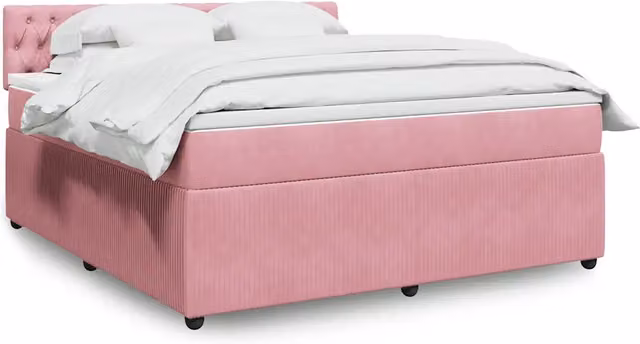 Letto matrimoniale moderno vidaXL con materasso ibrido in velluto rosa e bianco, struttura in legno di pino e con illuminazione sottostante e porta USB, L/P/H: 180 x 200 x 100,5 cm