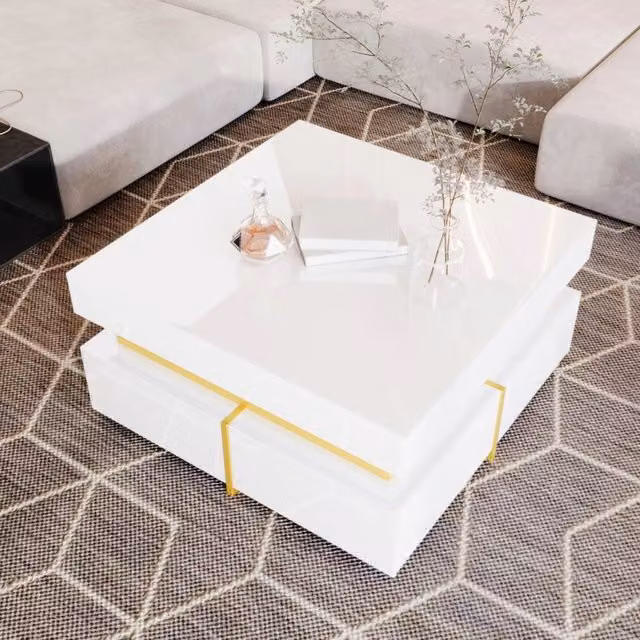 Tavolino da caffè MODFU moderno in MDF bianco lucido con 2 cassetti e dettagli dorati, L/P/H: 70 x 70 x 35,5 cm